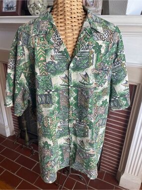 Vintage Nui Nalu Hawaiian Tropical Print Button-Up Shirt XL